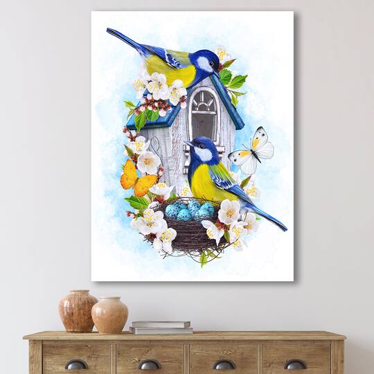 Designart - Two Tit Birds Sitting Near The Nest With Eggs I